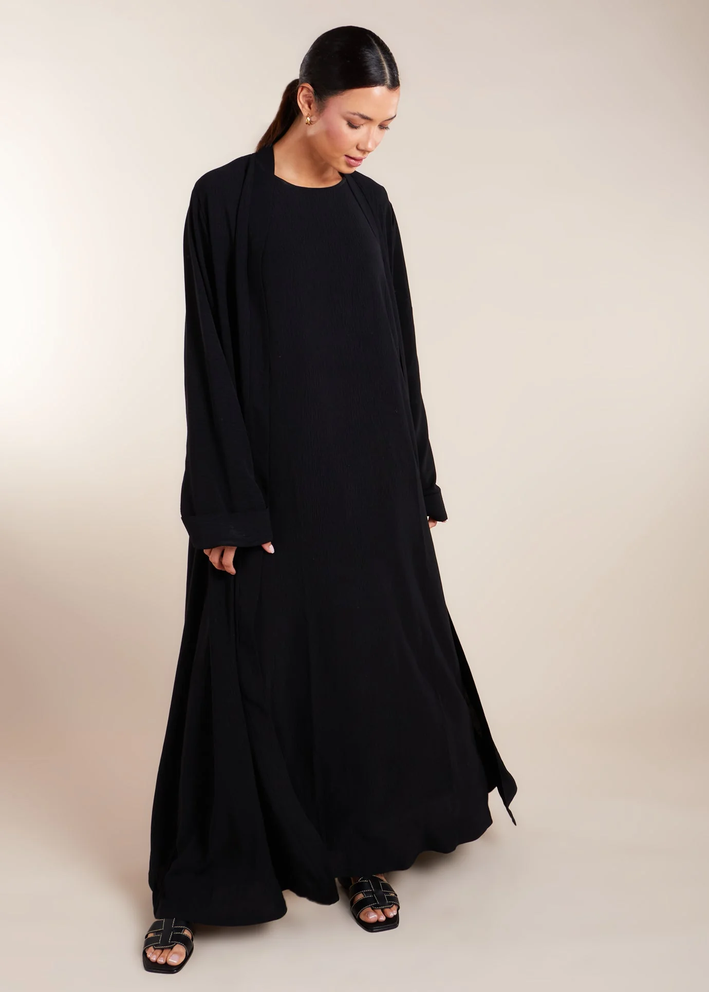 Two Piece Open Abaya with Slip Black - Image 4