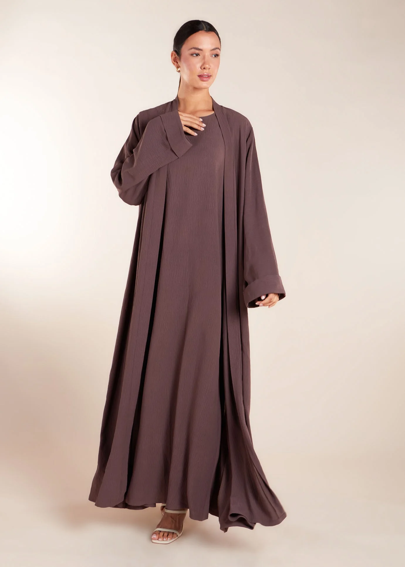 Two Piece Open Abaya with Slip Coffee - Image 3
