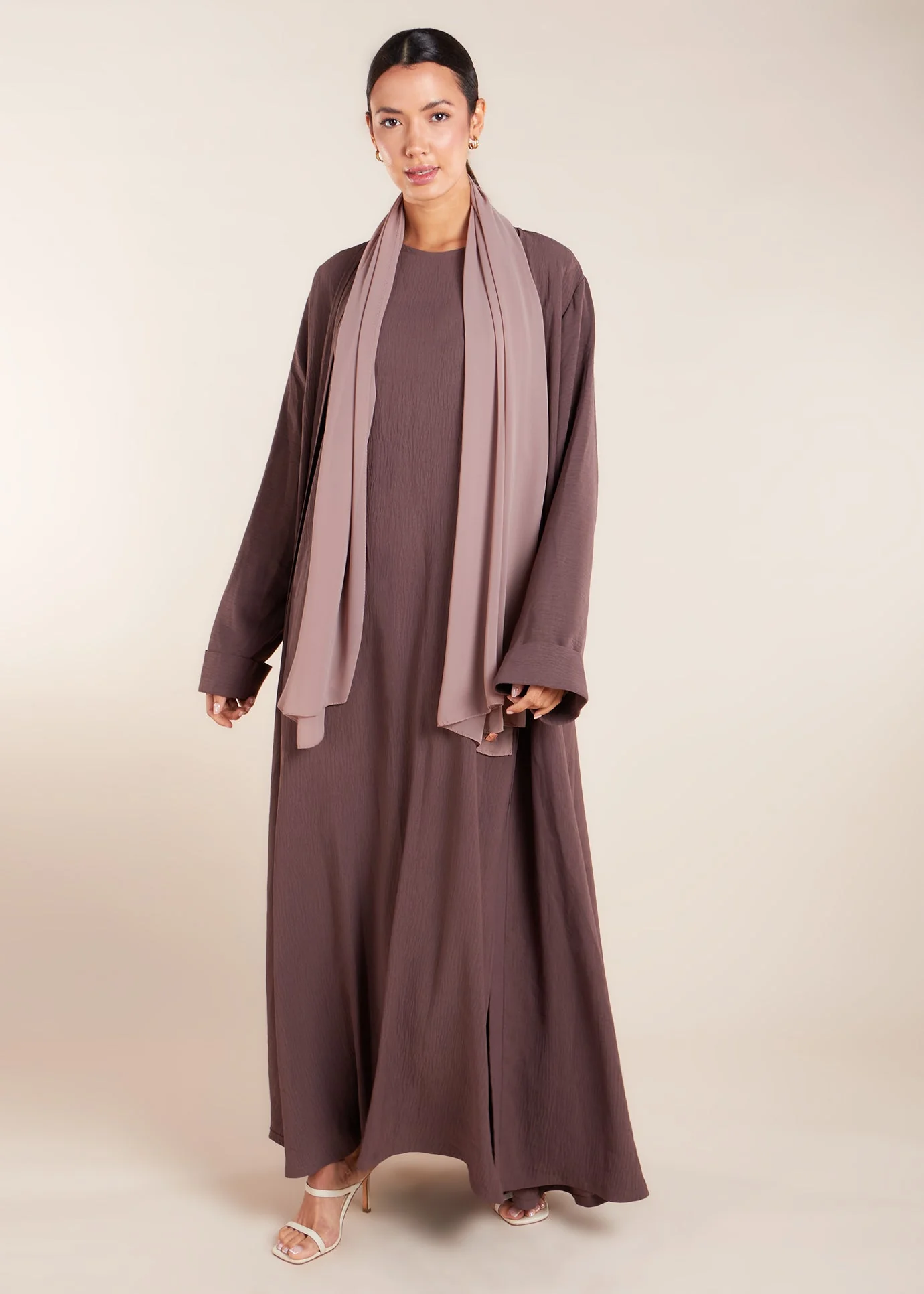 Two Piece Open Abaya with Slip Coffee - Image 4