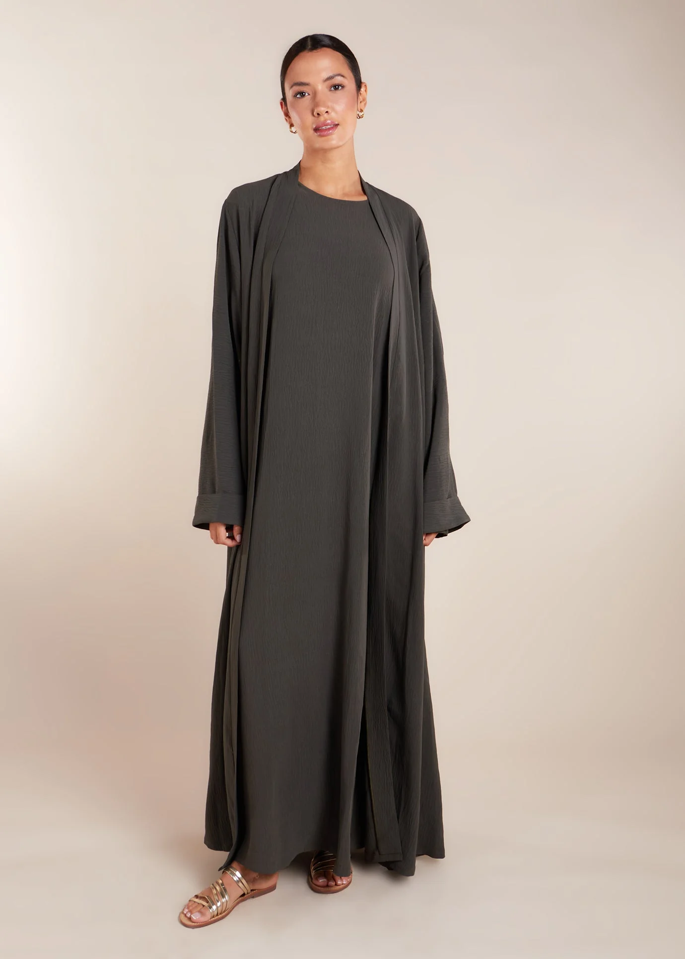 Two Piece Open Abaya with Slip Khaki - Image 3