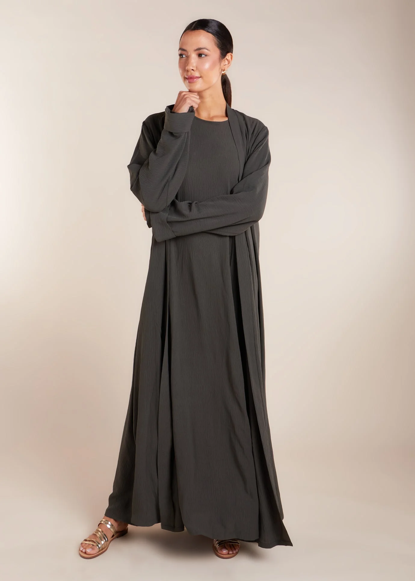 Two Piece Open Abaya with Slip Khaki - Image 4