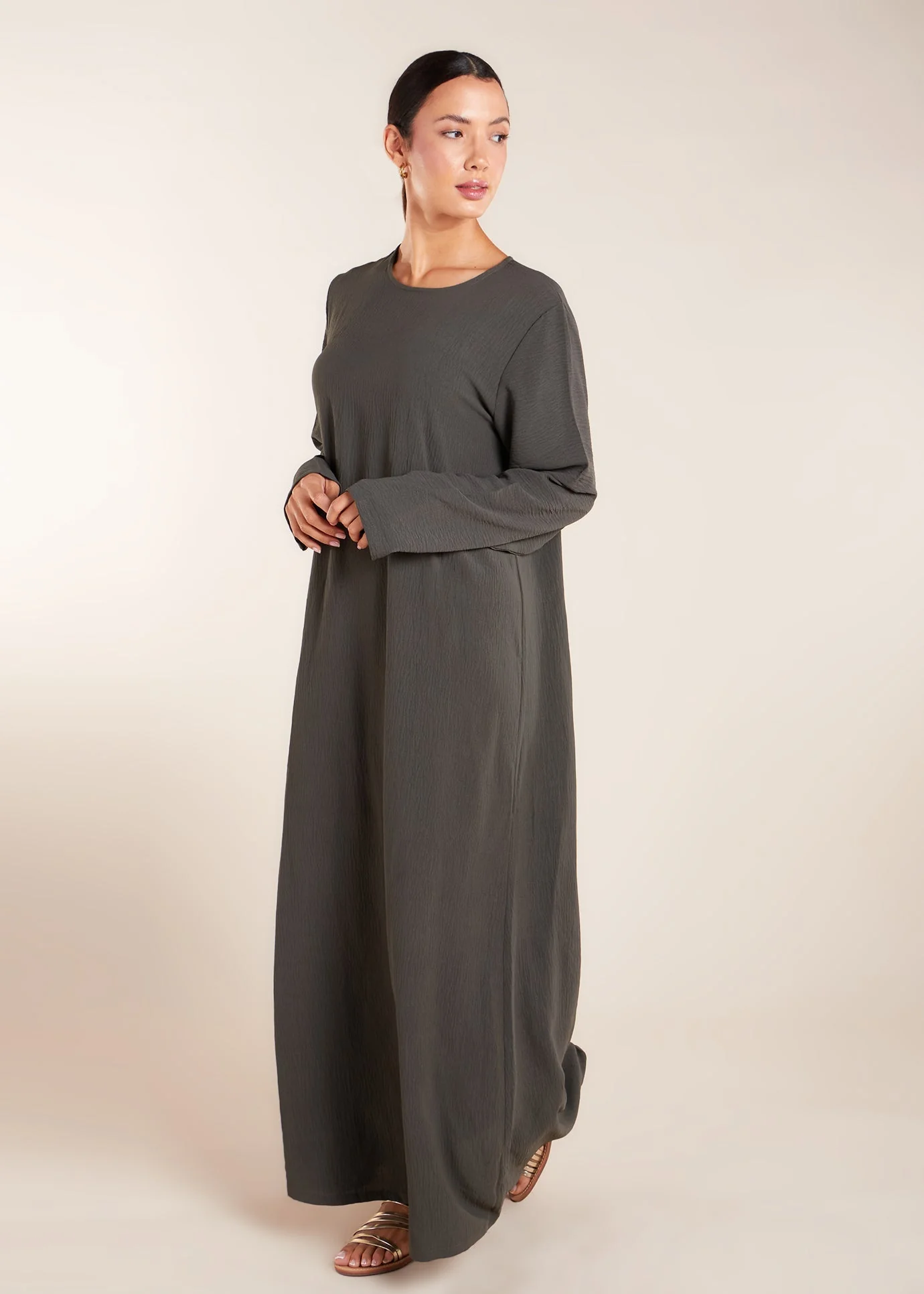 Two Piece Open Abaya with Slip Khaki - Image 6