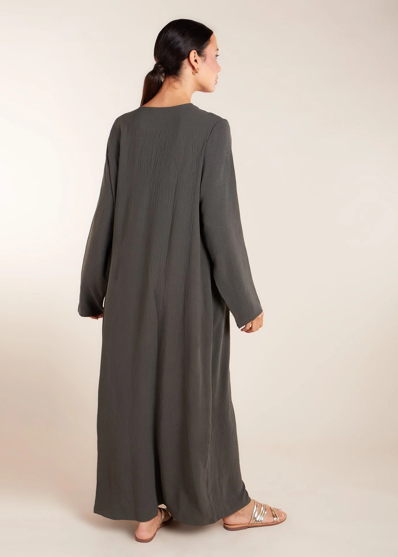 Two Piece Open Abaya with Slip Khaki - Image 8