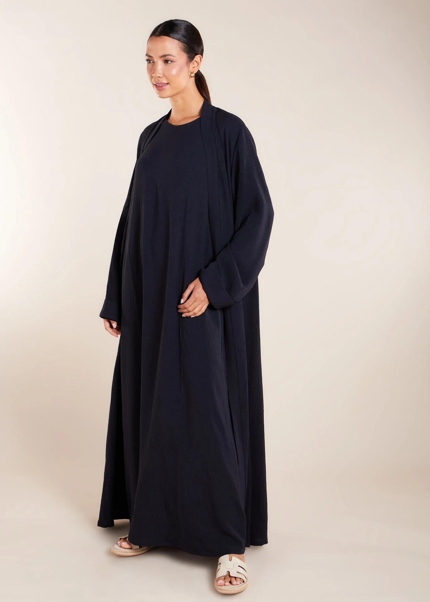 Two Piece Open Abaya with Slip Navy - Image 3